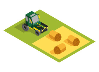 Isometric rural farm. Agricultural machinery on field with hay bales. icon representing countryside element © the8monkey