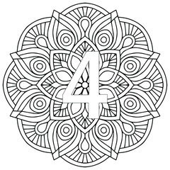 Vector Coloring page for adults. Contour black and white Number  on a beautiful mandala background