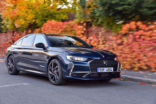 DS 9 1.6 PureTech. Luxury sedan in a distinctive design. Car while driving. 10-26-2021, Prague, Czech Republic.