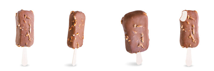 Vanilla ice cream with crispy nuts and chocolate glaze on a stick on a white isolated background