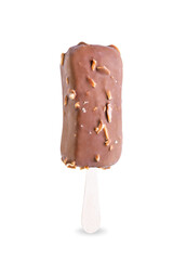 Vanilla ice cream with crispy nuts and chocolate glaze on a stick on a white isolated background