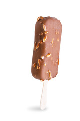 Vanilla ice cream with crispy nuts and chocolate glaze on a stick on a white isolated background