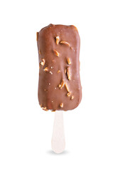 Vanilla ice cream with crispy nuts and chocolate glaze on a stick on a white isolated background