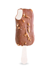 Vanilla ice cream with crispy nuts and chocolate glaze on a stick on a white isolated background