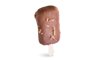 Vanilla ice cream with crispy nuts and chocolate glaze on a stick on a white isolated background