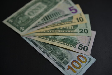 Different denominations of US Dollar bills from $1 to $100. Currency war concept, Global inflation, world economic crisis. Shallow depth of field. Selective focus.