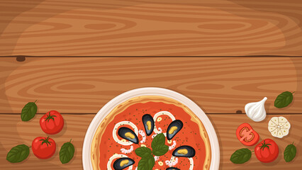 Detailed flat vector illustration of a delicious Italian style Pizza Frutti di Mare on a plate surrounded with fresh ingredients. Room for text.