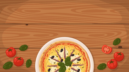 Detailed flat vector illustration of a delicious Italian style Pizza Napoli on a plate surrounded with fresh ingredients. Room for text.