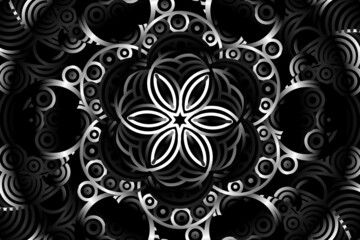 seamless circular circle  Black and white caleidoscope gradient flower art pattern of indonesian traditional tenun batik ethnic dayak ornament for wallpaper ads background 