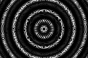 seamless circular circle  Black and white caleidoscope gradient flower art pattern of indonesian traditional tenun batik ethnic dayak ornament for wallpaper ads background 