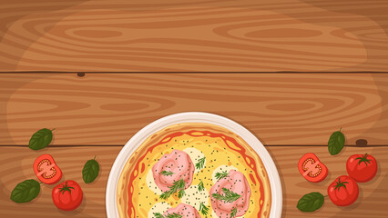 Detailed flat vector illustration of a delicious Italian style Pizza Porchetta on a plate surrounded with fresh ingredients. Room for text.