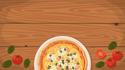 Detailed flat vector illustration of a delicious Italian style Pizza Valdostana on a plate surrounded with fresh ingredients. Room for text.
