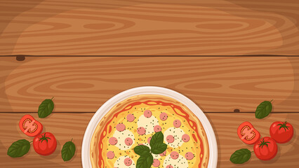 Detailed flat vector illustration of a delicious Italian style Pizza Viennese on a plate surrounded with fresh ingredients. Room for text.