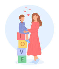 Young mom kid together, flat style. Happy mother standing next to his young daughter, who is sitting on cubbies. Family values. Cute illustration, isolated on white background.