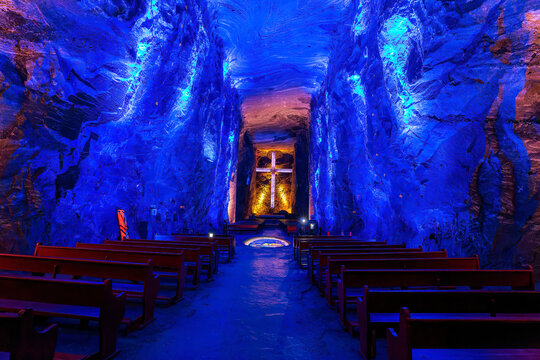 ZIPAQUIRA, COLOMBIA - OCTOBER 22, 2015: Underground Salt Cathedral Zipaquira built within the multicolored tunnels from a mine. 
