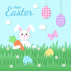 Easter card paper cut out concept. Easter Egg Hunt. White rabbit with a carrot on a green lawn. Brightly Easter eggs in the grass and on strings. A greeting card. Vector illustration.