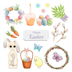 Happy Easter Set of design elements. Cute rabbit, baskets with Easter eggs, Easter cake and spring flowers