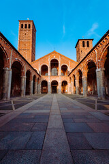 Fototapeta na wymiar Wide view of the Basilica of Sant'Ambrogio, no people, vertical