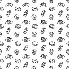 Vector hand drawn seamless pattern with different sweet icons isolated on white background. Doodle donut, cake, cupcake, chocolate wrap in line art style for a cafe decor. Adult and kids coloring page
