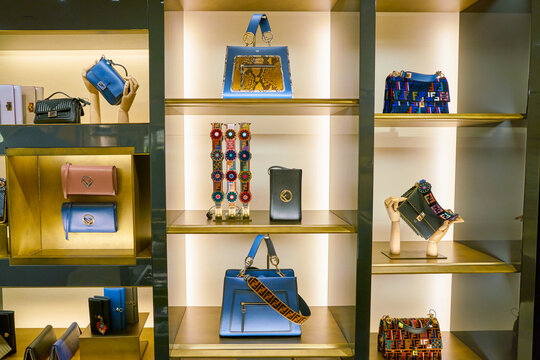 MILAN, ITALY - CIRCA NOVEMBER, 2017: Fendi bags on display at Rinascente. Rinascente is a collection of high-end stores.
