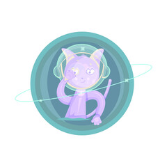 Vector colorful cat spaceman dressed in astronaut helmet and putting his hand, paw on his face, eye. Smiling cosmonaut kitten pet located on improvised planet, galaxy with planet ring covered by stars