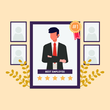 Employee of the month award photo frame. Best employee get five stars. Colored flat graphic vector illustration.