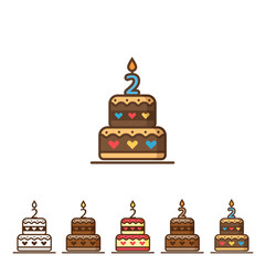 Birthday cake colorful icon with candle number 2 (two). Easy to edit. Vector illustration.