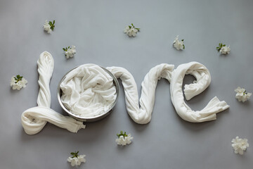 word love with nest background for newborn and baby. Basket for newborn photo shoot.  - obrazy, fototapety, plakaty