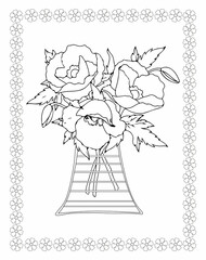 On a white background, individual flowers in a vase. Line paintings include things like coloring books, outline drawings, and line art.