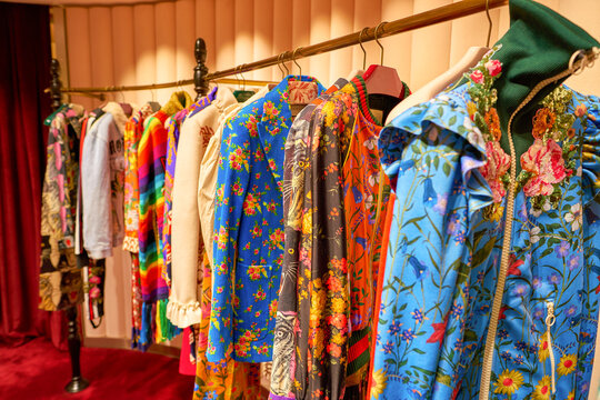 MILAN, ITALY - CIRCA NOVEMBER, 2017: various of Gucci clothes on display at Rinascente. Rinascente is a collection of high-end stores.
