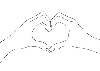 Support Ukraine. Heart from the palms of women's hands. Line drawing, flag of Ukraine, place for text.