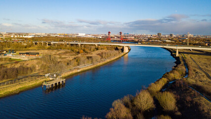 view of the River Tees showing the Tees Flyover and the Newport Bridge in the distance.