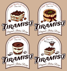 Sketch drawing logo set of tiramisu cake isolated on white background. Engraved Italian dessert with coffee beans, cocoa, mascarpone and ladyfingers. Sweet chocolate label. Retro vector illustration. - 497151219