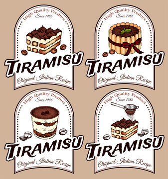 Sketch drawing logo set of tiramisu cake isolated on white background. Engraved Italian dessert with coffee beans, cocoa, mascarpone and ladyfingers. Sweet chocolate label. Retro vector illustration.
