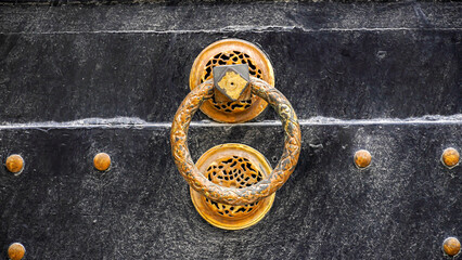 An antique doorknob on a gate 