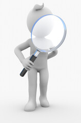 3D illustration of a white character holding a magnifying glass