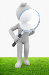 3D illustration of a white character holding a magnifying glass