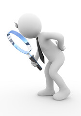 3D illustration of a white character holding a magnifying glass