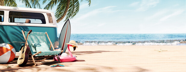 Ready for summer travel. Blue van with deck chair and beach accessory 3D Rendering, 3D Illustration - obrazy, fototapety, plakaty
