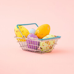 shoping basket full of colorful easter egg on pastel pink background. minimal creative composition.