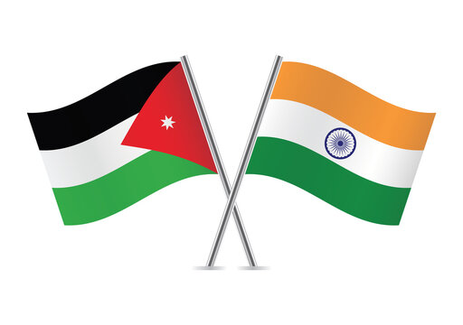 Jordan and India crossed flags. Jordanian and Indian flags on white background. Vector icon set. Vector illustration.
