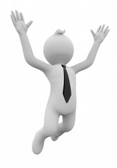 3D illustration of white character jumping to the sky to celebrate success