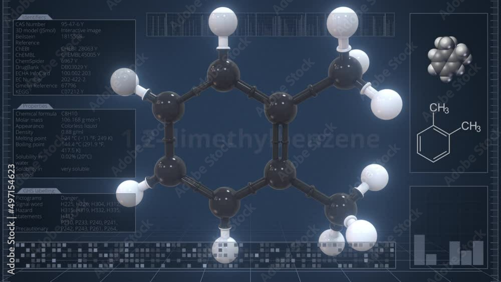 Poster molecule of 1,2-dimethylbenzene with infographics on the computer monitor, loopable 3d animation
