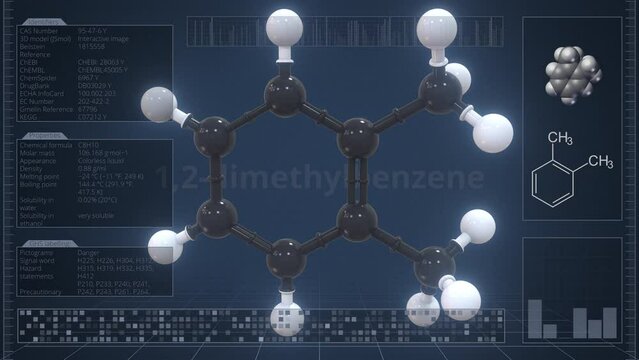 Molecule of 1,2-dimethylbenzene with infographics on the computer monitor, loopable 3d animation