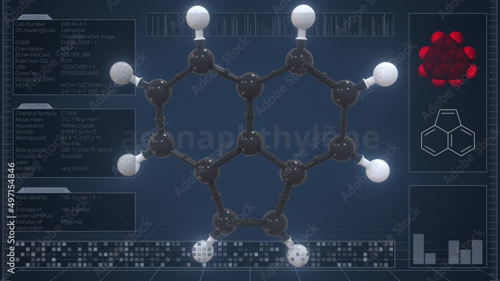 Poster molecule of acenaphthylene with infographics on the computer monitor, loopable 3d animation