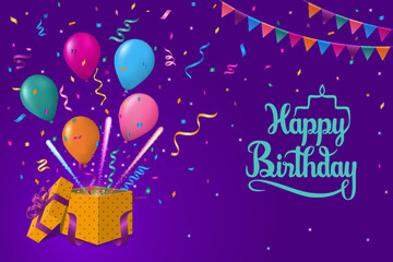 Birthday background with balloons, confetti and fireworks