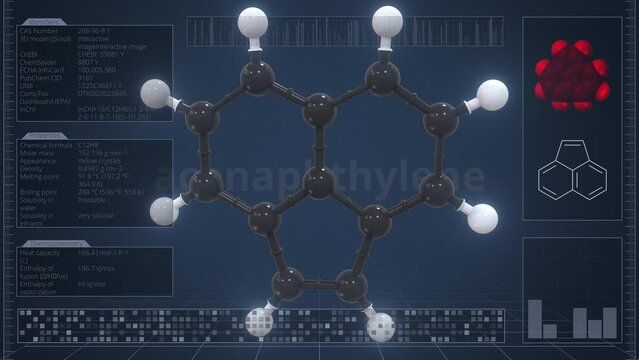 Molecule of acenaphthylene with infographics on the computer monitor, loopable 3d animation