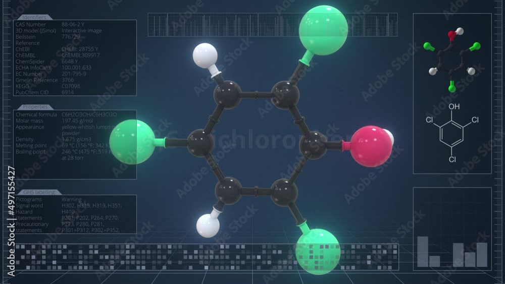 Aufkleber molecule of 2,4,6-trichlorophenol with infographics on the computer monitor, loopable 3d animation