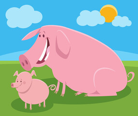 happy cartoon pig farm animal character with cute piglet