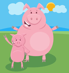 happy cartoon pig farm animal character with little piglet